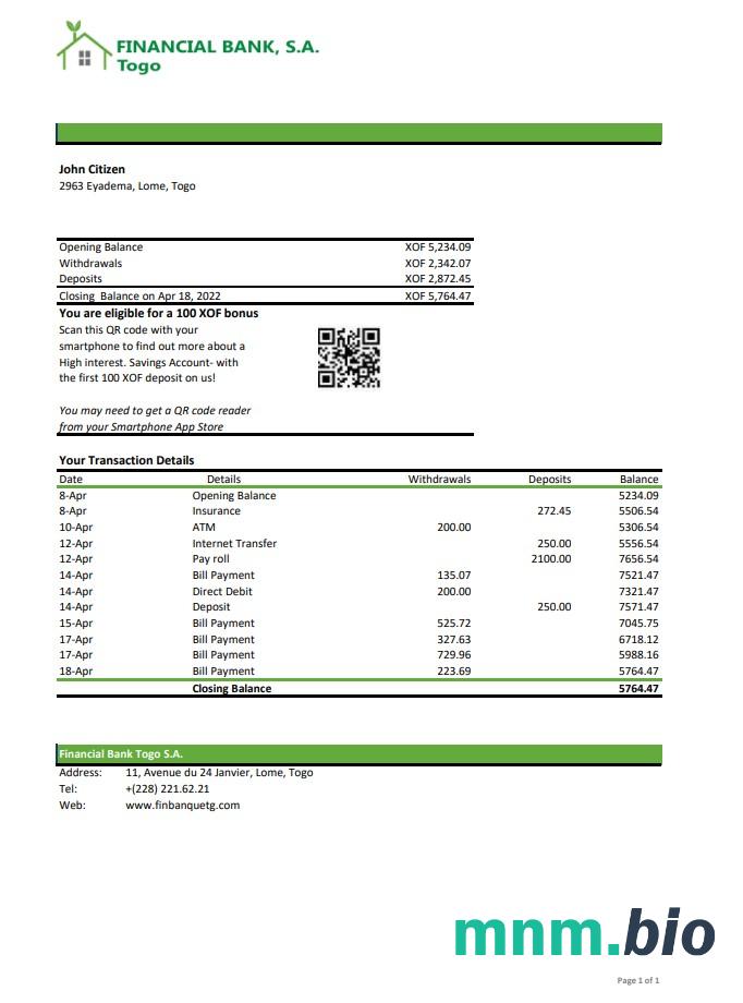 Szablon wyciągu bankowego Togo Ecobank w programie Word i PDF